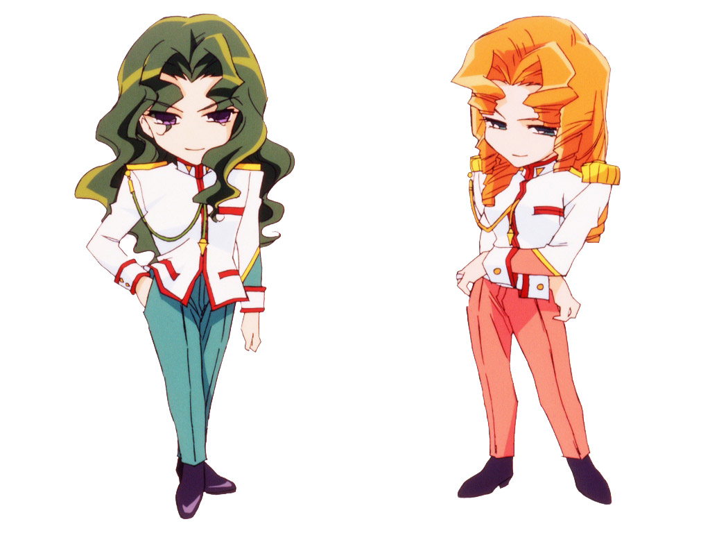 arisugawa juri, arisugawa jury, saionji kyouichi, shoujo kakumei utena, official art, 1990s (style), 1boy, 1girl, aiguillette, chibi, retro artstyle, saionji kyoichi, white background