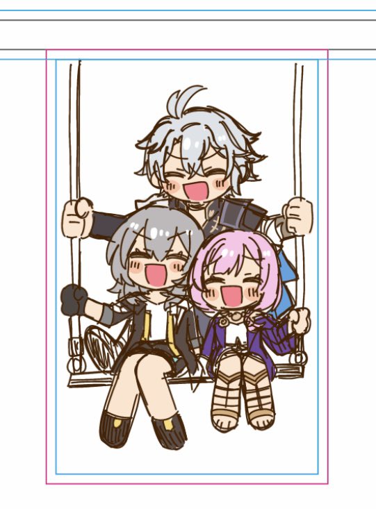 fumiri (2mm 3232), cyrene (honkai: star rail), phainon (honkai: star rail), stelle (honkai: star rail), trailblazer (honkai: star rail), honkai: star rail, honkai (series), ahoge, black jacket, black shoes, black skirt, blush stickers, coat, dress, grey hair, jacket, on swing, pink hair, purple coat, sandals, shirt, shoes, skirt, smile, swing, toes, white dress, white hair, white shirt