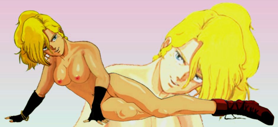 elle vianno, gundam, gundam zz, 1girl, all fours, blonde hair, boots, breasts, female focus, full body, gloves, gradient background, nude, solo