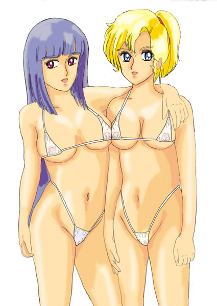 elle vianno, roux louka, gundam, gundam zz, bikini, blonde hair, blue hair, swimsuit