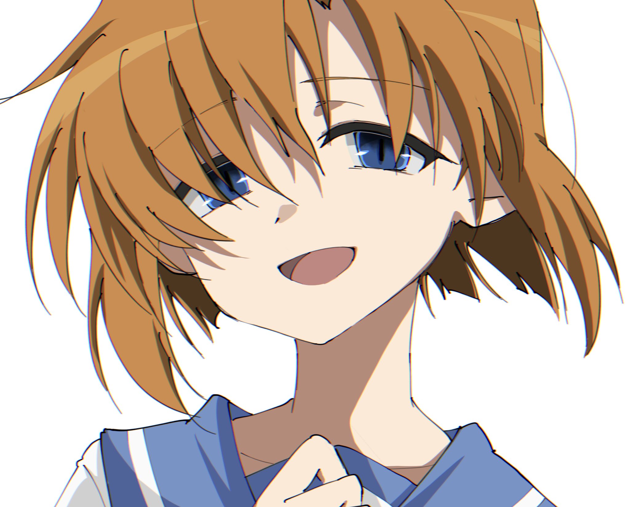 poyadevil, ryuuguu rena, higurashi no naku koro ni, highres, 1girl, blue eyes, blue sailor collar, brown hair, half-closed eyes, looking at viewer, open mouth, portrait, sailor collar, shirt, short hair, sidelocks, simple background, slit pupils, smile, solo, white background, white shirt