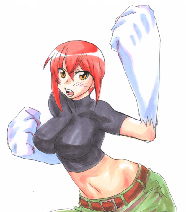kikuta, riza wildman, kaibutsu oujo, 00s, animal hands, crop top, midriff, red hair