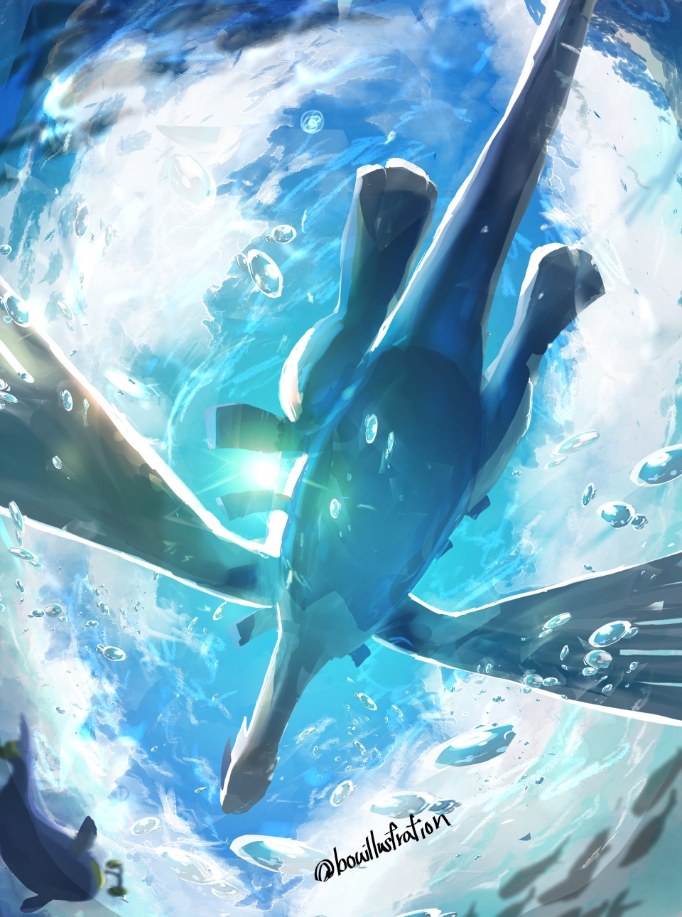 bo (bouillustration), lanturn, lugia, nintendo, pokemon, highres, mixed-language commentary, day, fish, from below, gen 2 pokemon, legendary pokemon, no humans, pokemon (creature), pokemon focus, silhouette, twitter username, water drop