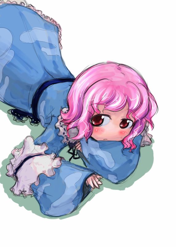 tao, tao (kadoya), saigyouji yuyuko, touhou, 1girl, :/, female focus, lying, no headwear, on stomach, pink hair, red eyes, short hair, simple background, solo
