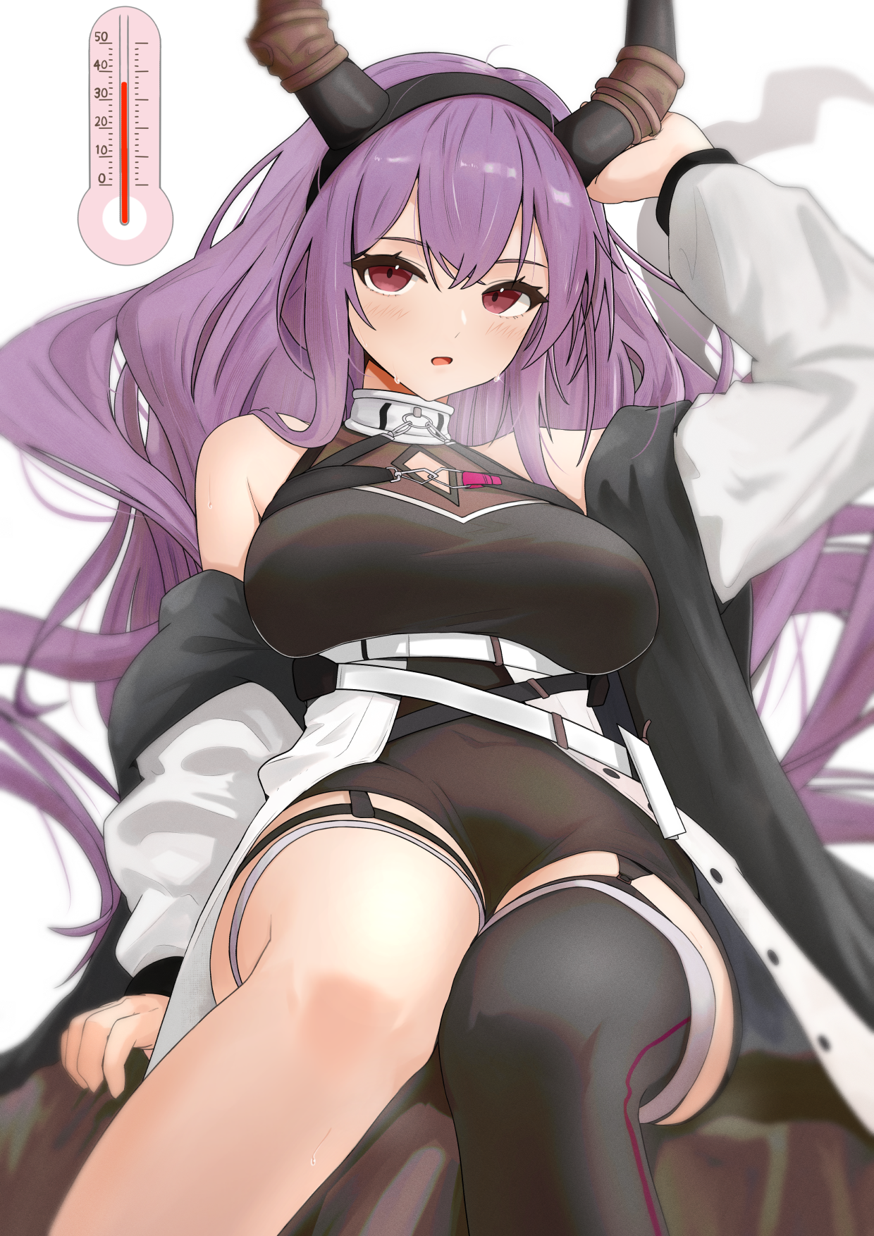 sora mame (princess 0sora), typhon (arknights), arknights, commentary request, highres, 1girl, arm support, arm up, bare shoulders, black hairband, black horns, black shorts, black tail, black thighhighs, blurry, blush, breasts, collared shirt, depth of field, fake horns, hairband, horn hairband, horns, jacket, large breasts, long hair, looking at viewer, open clothes, open jacket, open mouth, purple hair, shirt, short shorts, shorts, simple background, single thighhigh, sitting, solo, sweat, thermometer, thighhighs, thighs, very long hair, white background, white jacket