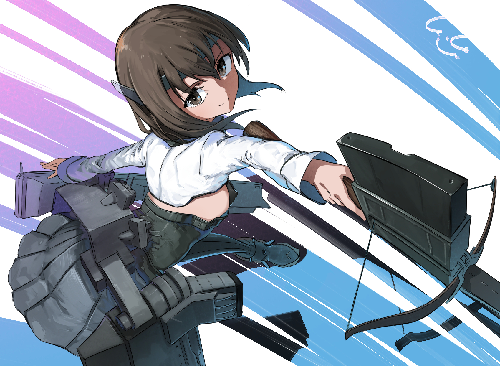gegesan, taihou (kancolle), kantai collection, highres, 1girl, back, bike shorts, blush, boots, bow (weapon), brown eyes, brown hair, crossbow, flat chest, flight deck, hair between eyes, hakama, hakama short skirt, hakama skirt, headband, headgear, holding, holding crossbow, holding weapon, japanese clothes, long sleeves, looking at viewer, looking back, machinery, pleated skirt, repeating crossbow, short hair, signature, skirt, smile, solo, thigh boots, weapon, white background