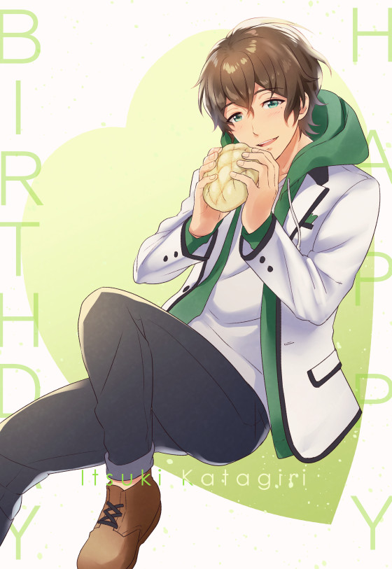 kikuchi mataha, katagiri itsuki, dorifesu!, 1boy, black pants, bread, brown hair, brown shoes, character name, food, green eyes, happy birthday, holding, holding food, hood, hood down, jacket, long sleeves, male focus, melon bread, open clothes, open jacket, pants, shirt, shoes, short hair, sitting, solo, white shirt