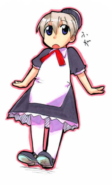 kikuta, flandre (kaibutsu oujo), kaibutsu oujo, 00s, 1girl, android, blonde hair, female focus, full body, lying, maid, solo, white background