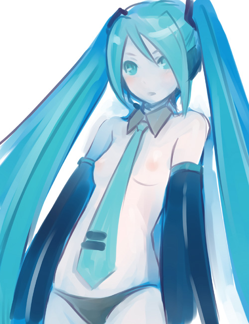 ha-ru, hatsune miku, vocaloid, 1girl, blue hair, breasts, female focus, flat chest, long hair, necktie, nipples, panties, small breasts, solo, topless female, twintails, underwear, very long hair