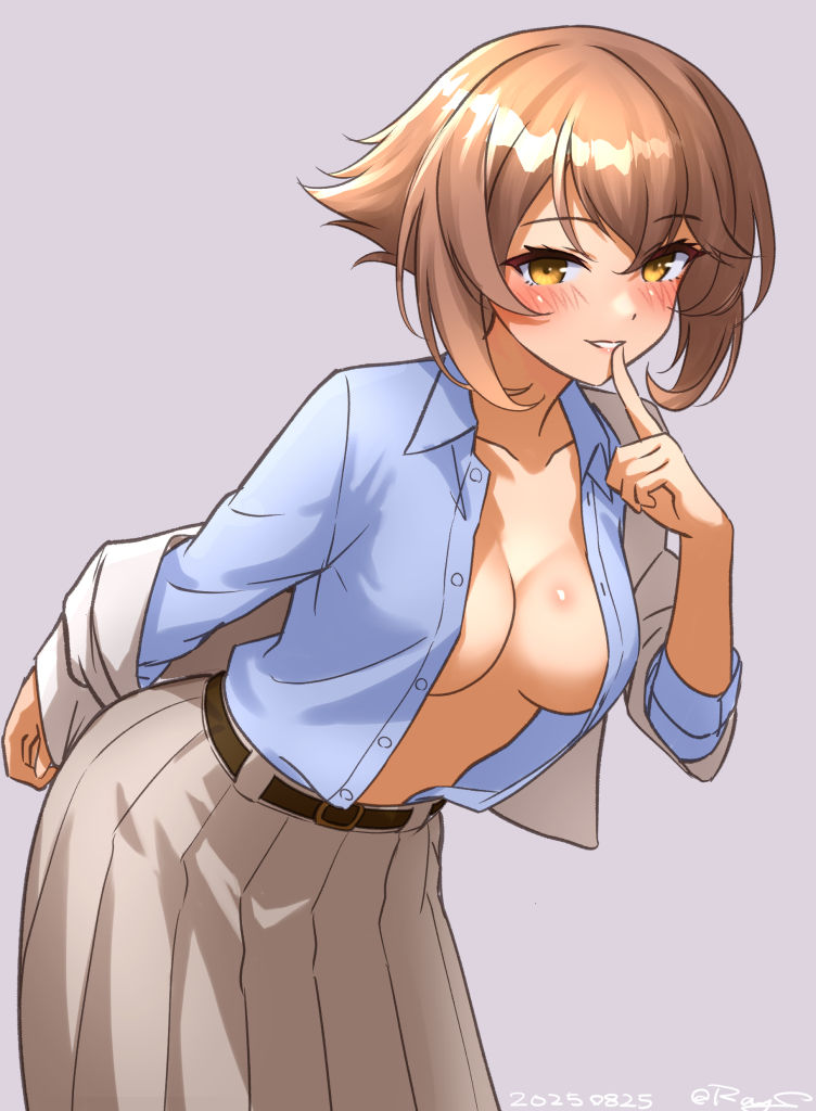 ray.s, mutsu (kancolle), kantai collection, 1girl, belt, blue shirt, blush, breasts, brown hair, brown jacket, brown skirt, cowboy shot, gloves, grey background, jacket, long skirt, looking at viewer, medium breasts, navel, no bra, open clothes, open shirt, shirt, short hair, skirt, smile, solo, yellow eyes