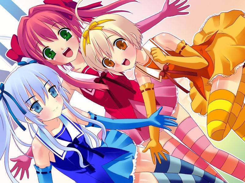 momose hikari, okina aiko, sawada kumi, pure moe angel, duplicate, jpeg artifacts, 3boys, blue eyes, blue hair, bow, detached sleeves, green eyes, hair bow, hair ribbon, male focus, multiple boys, pink hair, ribbon, short hair, thighhighs, trap, twintails, yellow eyes, zettai ryouiki