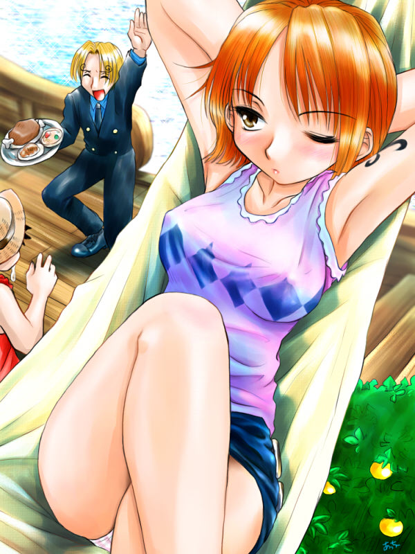 atchy, going merry, monkey d. luffy, nami (one piece), nami (one piece) (alabasta), sanji (one piece), one piece, 1girl, 2boys, alternate color, armpits, black shirt, blonde hair, blouse, blue shirt, breasts, covered erect nipples, food, fruit, hammock, hat, large breasts, meat, mistake, multiple boys, necktie, ocean, orange (fruit), orange hair, panties, pantyshot, parted bangs, pirate, purple shirt, red shirt, saliva, ship, shirt, shoulder tattoo, sitting, skirt, sleeveless, sleeveless shirt, standing, straw hat, striped clothes, striped panties, tattoo, tree, underwear, upskirt, vest, watercraft
