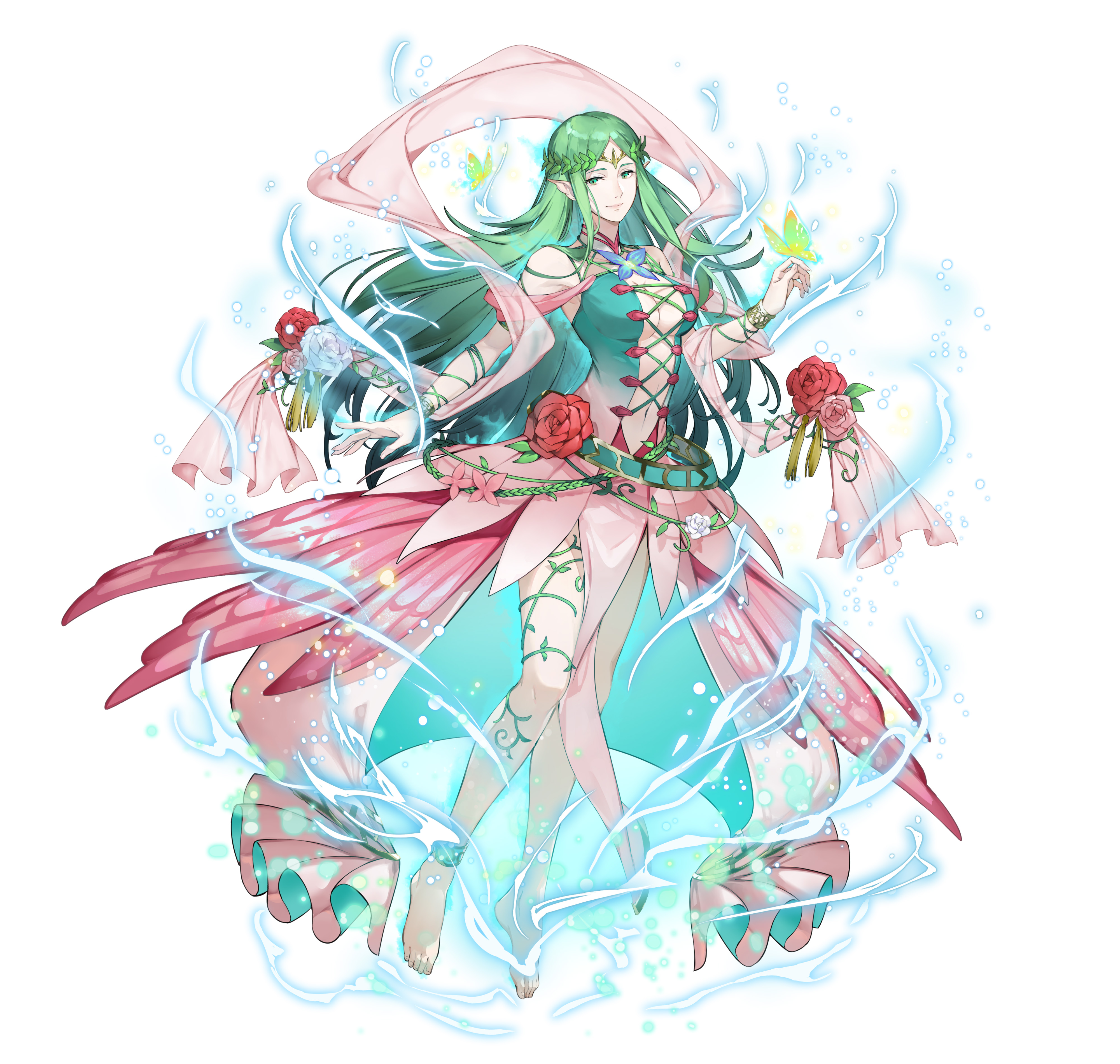 naga (fire emblem), fire emblem, fire emblem: mystery of the emblem, fire emblem awakening, fire emblem heroes, nintendo, absurdres, artist request, commentary request, highres, official art, 1girl, anklet, barefoot, bracelet, breasts, center opening, cleavage, cross-laced clothes, cross-laced top, flower, full body, green eyes, green hair, jewelry, large breasts, light smile, long hair, naga (resplendent) (fire emblem), navel, pointy ears, simple background, slit pupils, solo, white background
