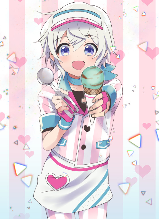 kikuchi mataha, sawamura chizuru, dorifesu!, 1boy, :d, blue eyes, blue scarf, heart, ice cream cone, ice cream scoop (utensil), looking at viewer, male focus, open mouth, scarf, short sleeves, smile, standing, striped background, visor cap, white hair, wristband