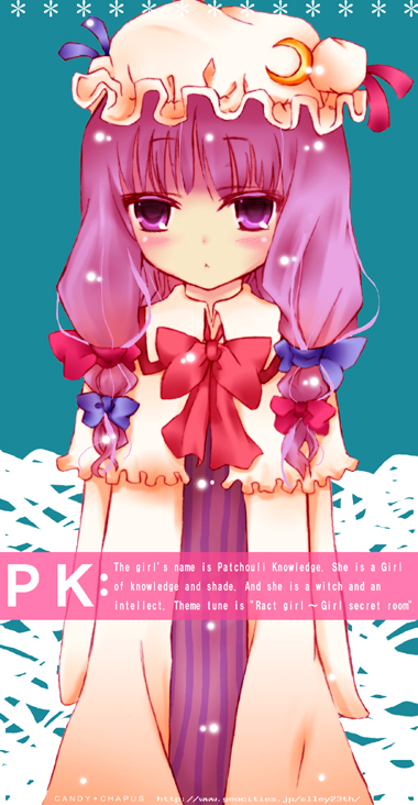 23, 23 (candy chapus), patchouli knowledge, touhou, striped, 1girl, :<, bow, bowtie, character name, colored eyelashes, crescent, dress, english text, female focus, frills, hair bow, hat, hat ribbon, long hair, long sleeves, looking at viewer, mob cap, multiple hair bows, pink bow, purple eyes, purple hair, ribbon, sidelocks, sleeves past wrists, solo, vertical stripes, watermark, web address