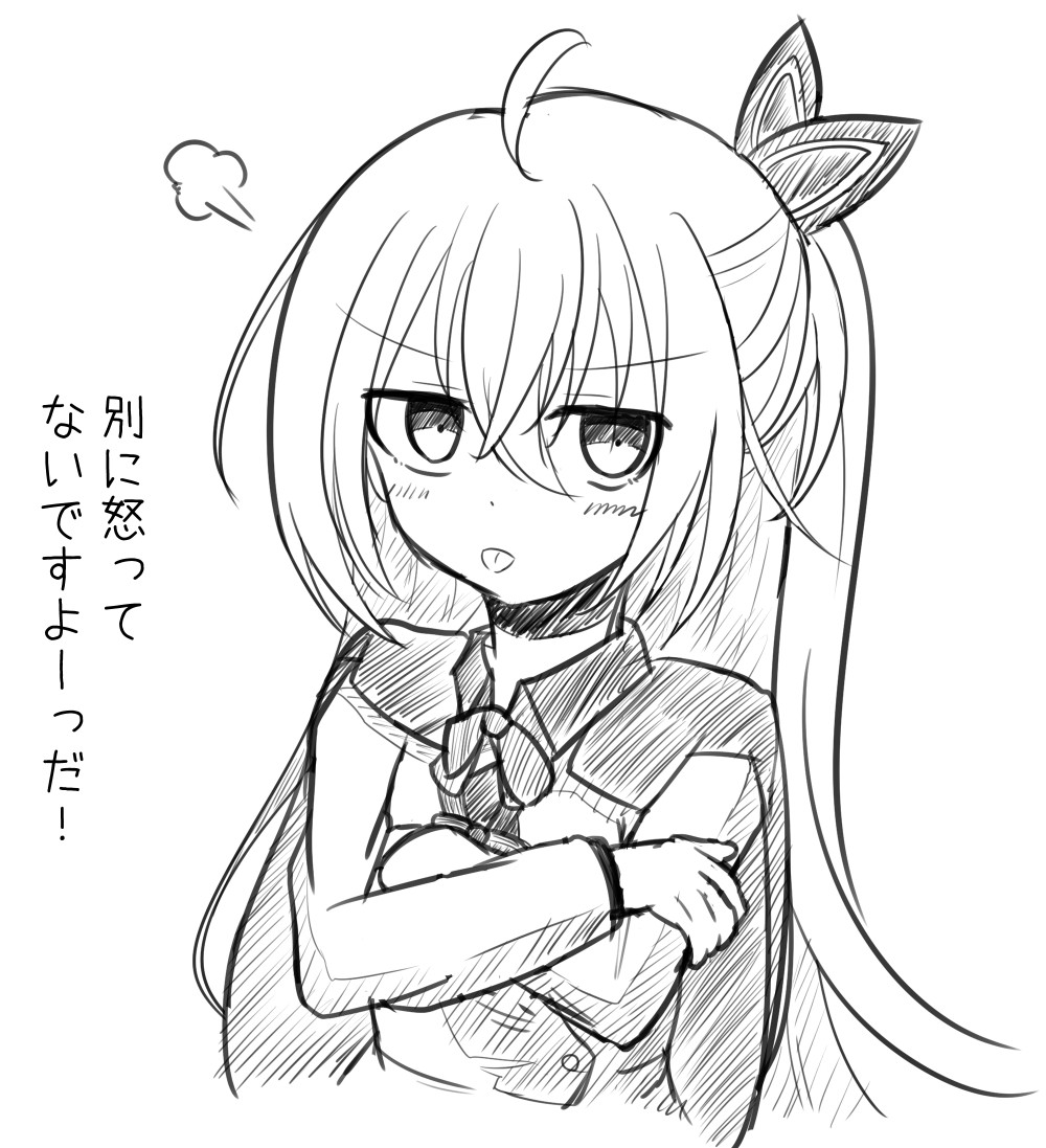 akizuki kanna, cafe stella to shinigami no chou, commentary request, translated, 1girl, ahoge, angry, black cape, blush, bow, bowtie, cape, crossed arms, crossed bangs, frown, hair between eyes, hair bow, half updo, jacket, long hair, long sleeves, looking at viewer, monochrome, ponytail, puff of air, short ponytail, sidelocks, sketch, solo, tongue, tongue out, umiasu, upper body, v-shaped eyebrows, very long hair
