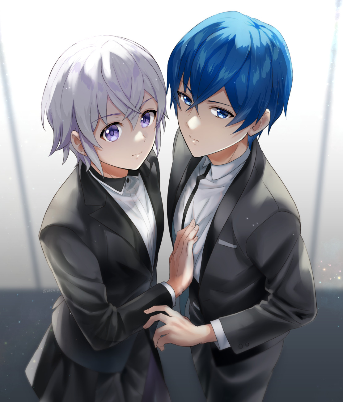 kikuchi mataha, oikawa shin, sawamura chizuru, dorifesu!, commentary request, highres, 2boys, black pants, black suit, blue eyes, blue hair, blurry, blurry background, formal clothes, grey hair, hair between eyes, hand on another's stomach, indoors, long sleeves, looking at viewer, male focus, multiple boys, pants, purple eyes, short hair, sidelocks, suit