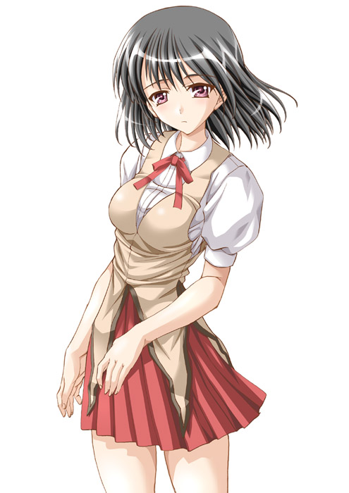 daikobutu, shiruko (inosin), tsukamoto yakumo, school rumble, 00s, 1girl, black hair, breasts, closed mouth, collared shirt, cowboy shot, female focus, light frown, looking at viewer, medium breasts, pleated skirt, puffy short sleeves, puffy sleeves, red eyes, red ribbon, red skirt, ribbon, sad, school uniform, serafuku, shirt, short hair, short sleeves, simple background, skirt, solo, standing, white background, white shirt, wing collar