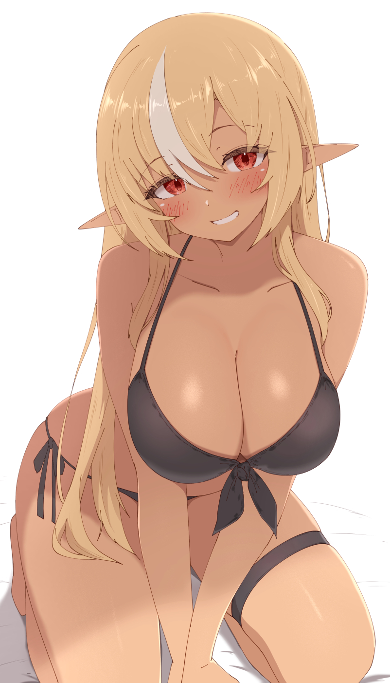 sen (sen42724788), shiranui flare, hololive, commentary request, highres, paid reward available, 1girl, between legs, bikini, black bikini, blonde hair, breasts, dark-skinned female, dark skin, double-parted bangs, elf, front-tie bikini top, front-tie top, green eyes, grin, hair between eyes, hand between legs, kneeling, large breasts, long hair, long sidelocks, looking at viewer, multicolored hair, orange eyes, pointy ears, side-tie, sidelocks, simple background, smile, solo, streaked hair, swimsuit, thigh strap, virtual youtuber, white background