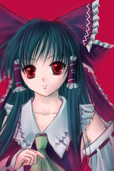 yuki shuuka, hakurei reimu, imperishable night, touhou, 1girl, bow, collar, female focus, green hair, hair bow, hair tubes, looking at viewer, red background, red bow, red eyes, ribbon-trimmed sleeves, ribbon trim, sidelocks, simple background, solo, upper body