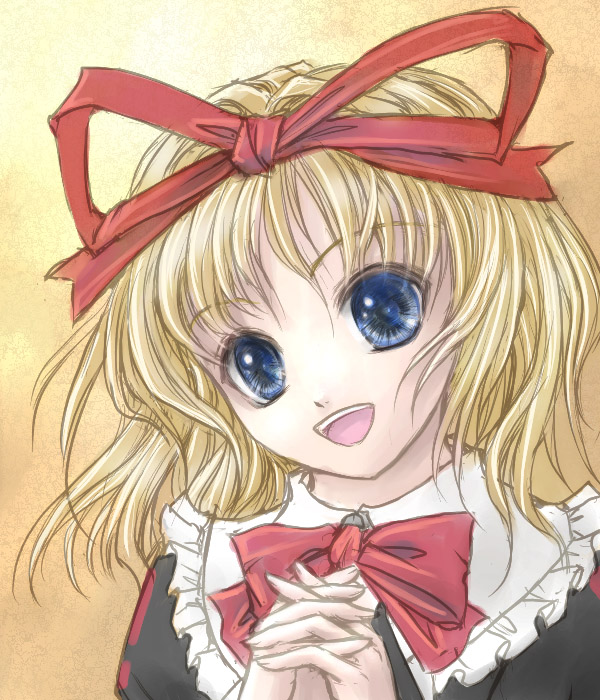 yuki shuuka, alice margatroid, medicine melancholy, touhou, 1girl, :d, blonde hair, blue eyes, bow, bowtie, collar, female focus, frills, hair ribbon, open mouth, own hands clasped, own hands together, red bow, red bowtie, red ribbon, ribbon, short hair, simple background, smile, solo, yellow background