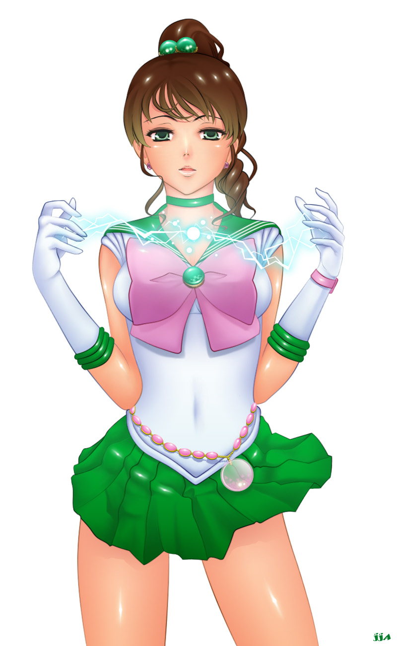khalitzburg (user 2274420), kino makoto, sailor jupiter, bishoujo senshi sailor moon, pretty guardian sailor moon, highres, 1990s (style), 1girl, bow, brown hair, choker, earrings, elbow gloves, electricity, female focus, gloves, green eyes, green skirt, hair bobbles, hair ornament, jewelry, leotard, lightning, lips, long hair, looking at viewer, magical girl, miniskirt, open mouth, pink bow, pleated skirt, ponytail, retro artstyle, sailor collar, shiny skin, simple background, skirt, solo, watch, white background, white gloves, wind, wind lift, wristwatch