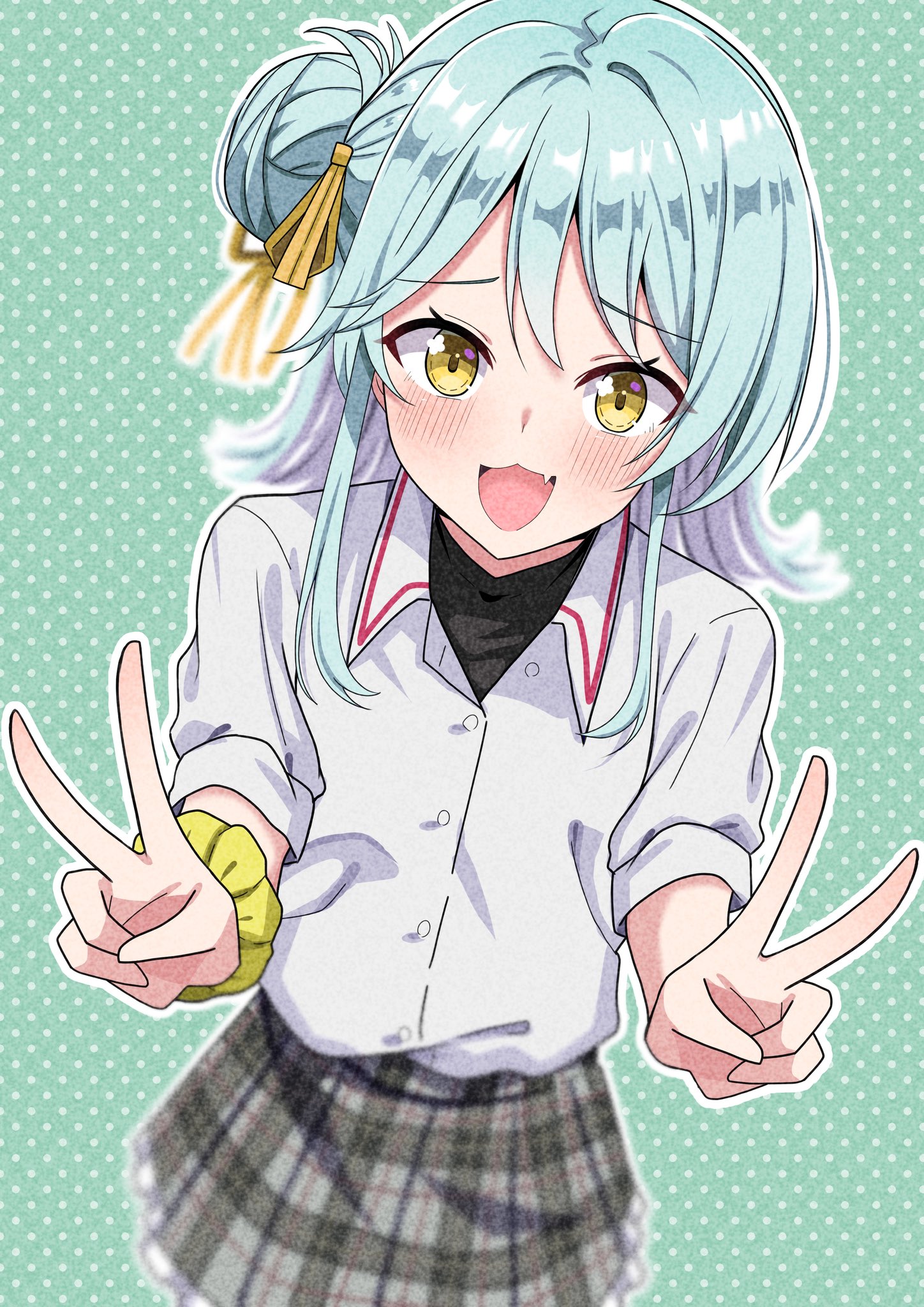 hosinonana, koyanagi kaho, watashi ga koibito ni nareru wake naijan murimuri!, highres, 1girl, aqua hair, ashigaya high school uniform, collared shirt, double v, hair bun, looking at viewer, open mouth, plaid clothes, plaid skirt, pleated skirt, ribbon, school uniform, scrunchie, shirt, single hair bun, skirt, smile, solo, v, white shirt, yellow eyes, yellow ribbon, yellow scrunchie