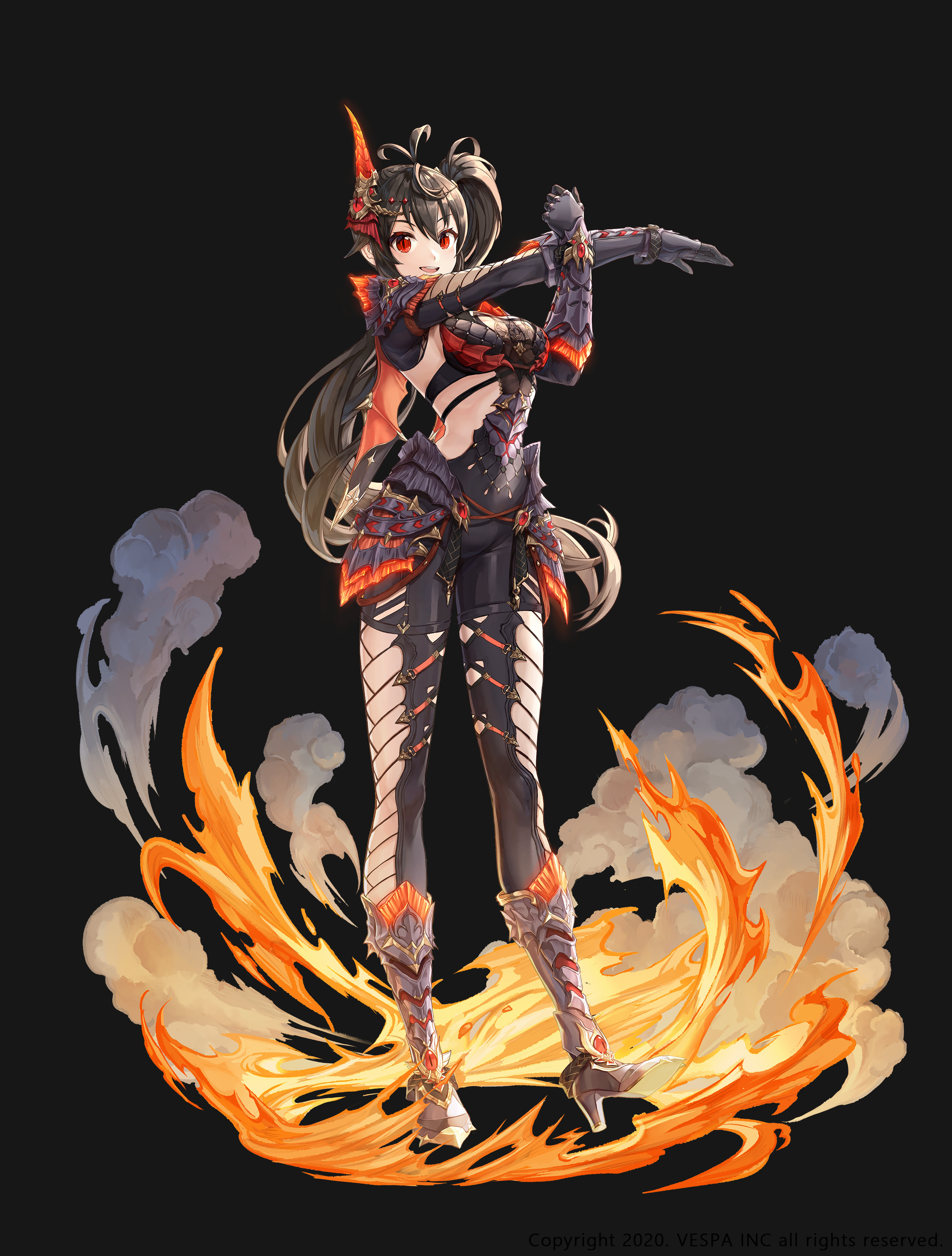 cecilia (king's raid), king's raid, absurdres, commentary, english commentary, highres, official art, 1girl, ahoge, arm armor, armor, armored boots, black armor, black bra, black hair, black leotard, black shorts, boots, bra, breasts, detached sleeves, dragon horns, dragon wings, faulds, fire, full body, high heel boots, high heels, horns, ji yu lee, leotard, long hair, medium breasts, official alternate costume, orange armor, orange wings, red eyes, shorts, shoulder armor, side ponytail, sideless leotard, sideless outfit, slit pupils, smile, solo, stretching, underwear, very long hair, wings