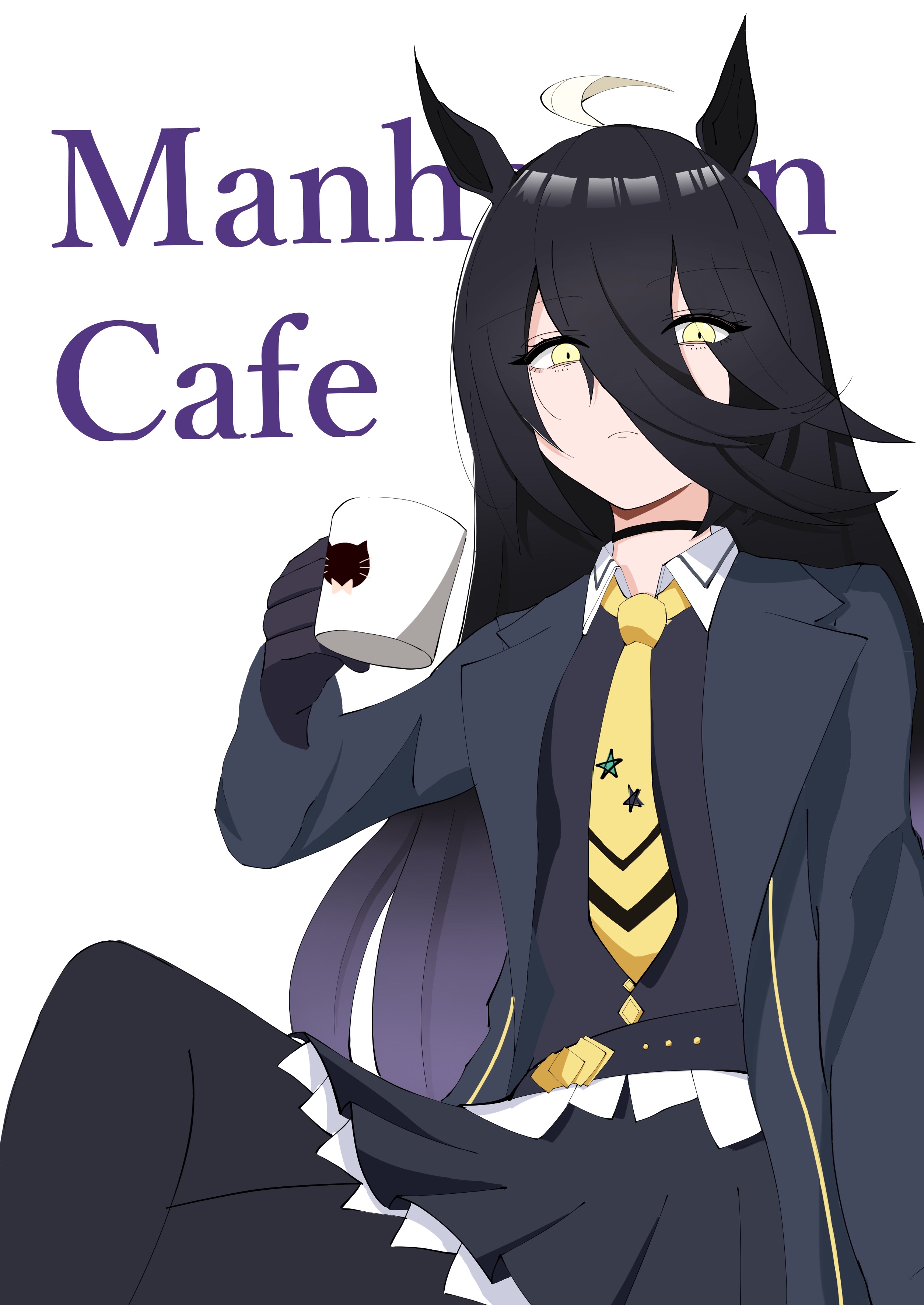manhattan cafe (umamusume), umamusume, absurdres, highres, 1girl, ahoge, animal ears, animal print, belt, black belt, black choker, black gloves, black skirt, black vest, cat print, character name, choker, closed mouth, collared shirt, crossed legs, cup, frilled skirt, frills, frown, gloves, hair between eyes, hand up, hem peeking out, holding, holding cup, horse ears, horse girl, javelinlin1108, long hair between eyes, long sleeves, looking at viewer, mug, multicolored hair, necktie, pleated skirt, shirt, simple background, sitting, skirt, solo, vest, white background, white hair, white shirt, yellow eyes, yellow necktie