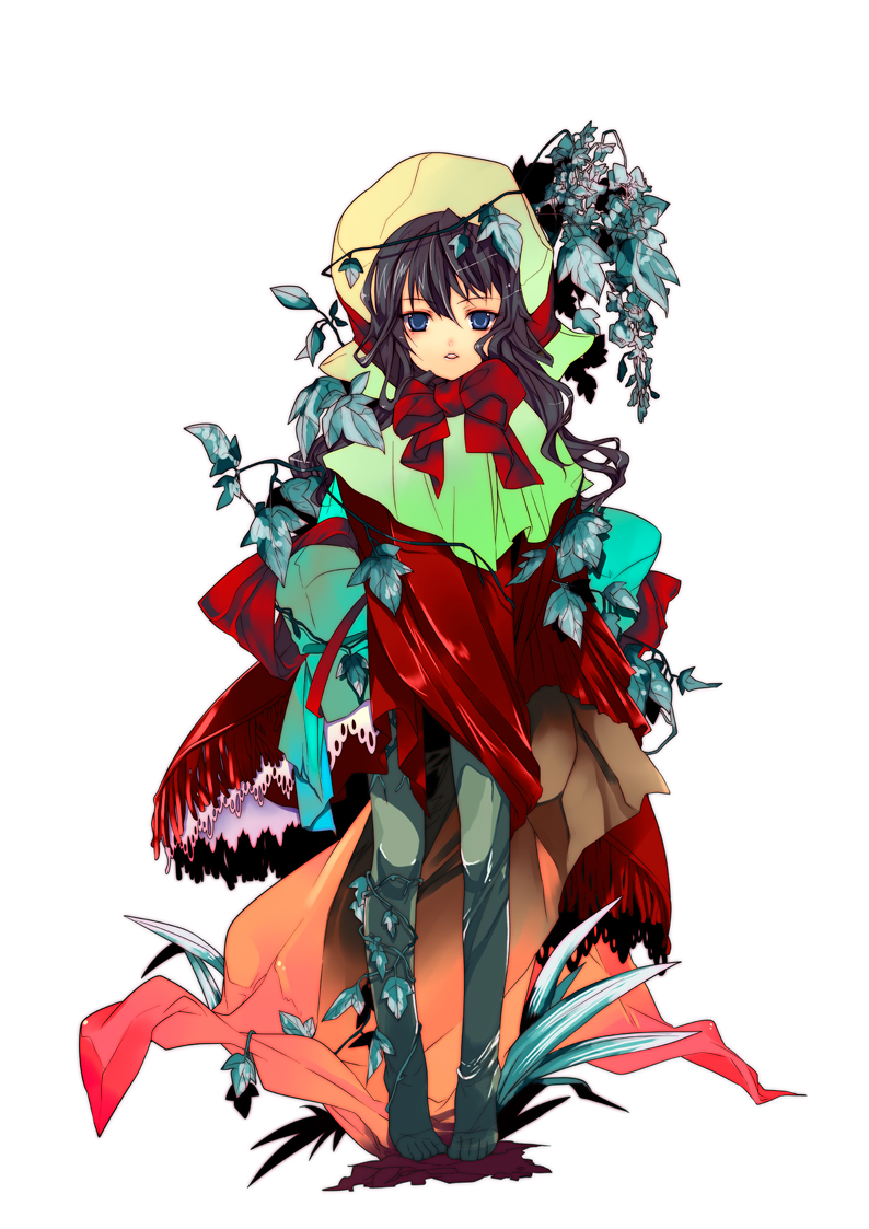 kirino kasumu, 1girl, black hair, blue eyes, female focus, ivy, long hair, ribbon, solo