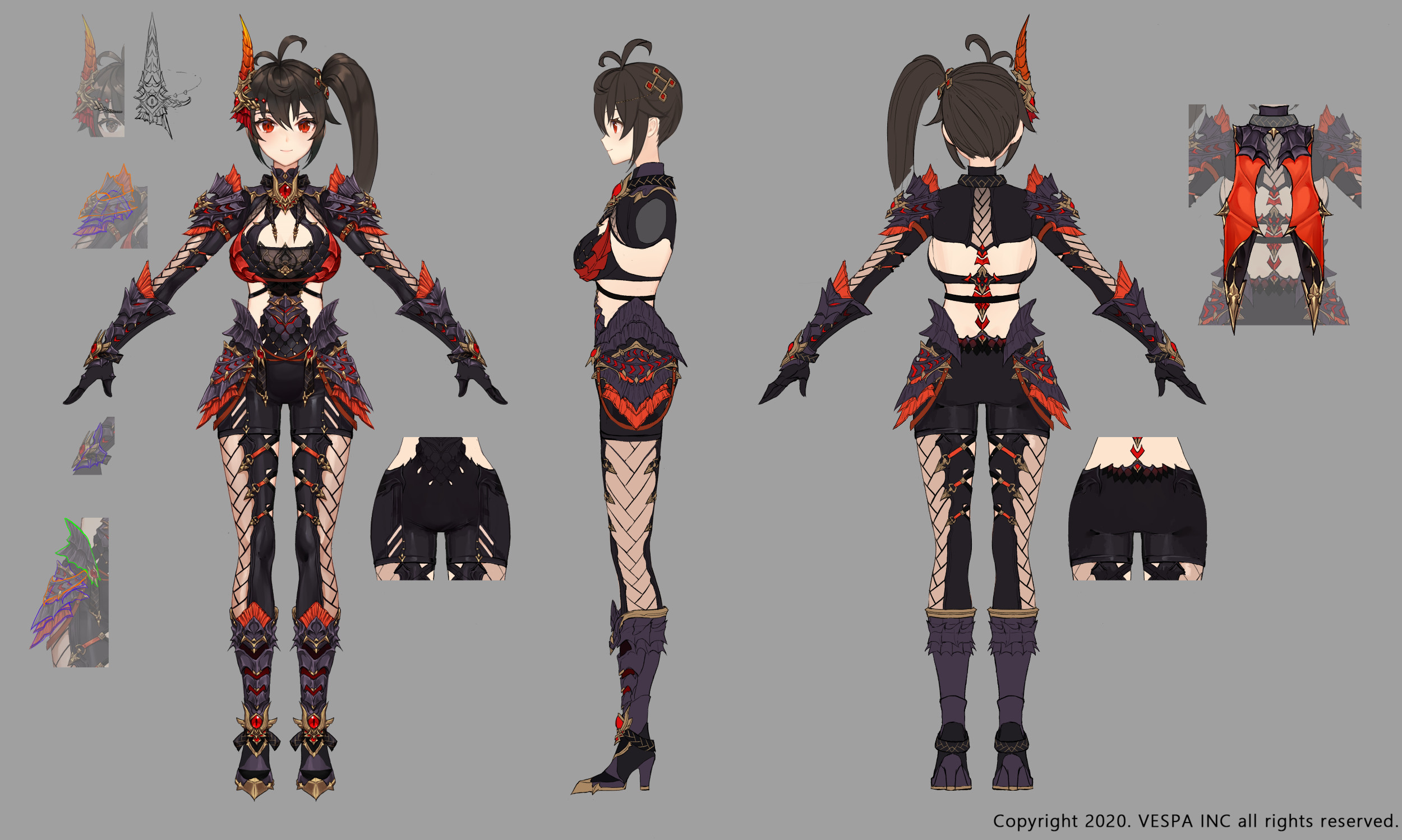 cecilia (king's raid), king's raid, commentary, concept art, english commentary, highres, official art, 1girl, ahoge, arm armor, armor, armored boots, black armor, black bra, black hair, black leotard, black shorts, boots, bra, breasts, detached sleeves, dragon horns, dragon wings, faulds, fire, full body, high heel boots, high heels, horns, ji yu lee, leotard, long hair, medium breasts, multiple views, official alternate costume, orange armor, orange wings, red eyes, shorts, shoulder armor, side ponytail, sideless leotard, sideless outfit, slit pupils, smile, solo, stretching, turnaround, underwear, very long hair, wings