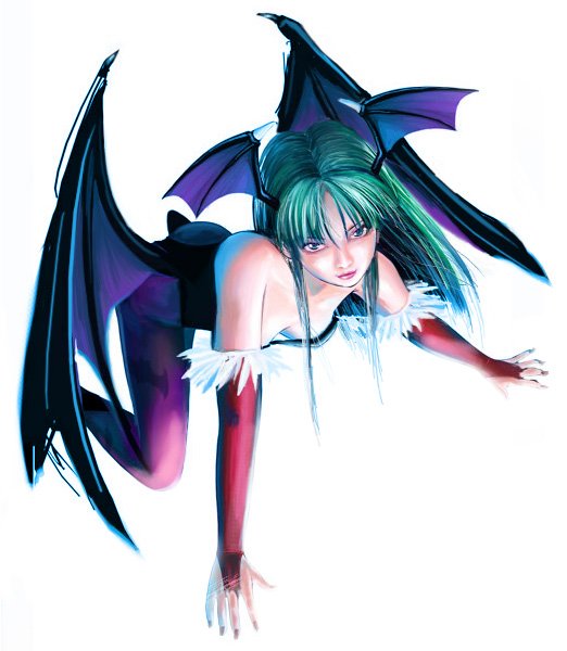 isobe toast, morrigan aensland, capcom, darkstalkers, 1girl, all fours, animal print, bare shoulders, bat print, bat wings, breasts, bridal gauntlets, cleavage, collarbone, demon girl, downblouse, expressionless, female focus, full body, green hair, head wings, leotard, looking at viewer, medium breasts, pantyhose, print pantyhose, purple eyes, purple pantyhose, simple background, solo, white background, wings
