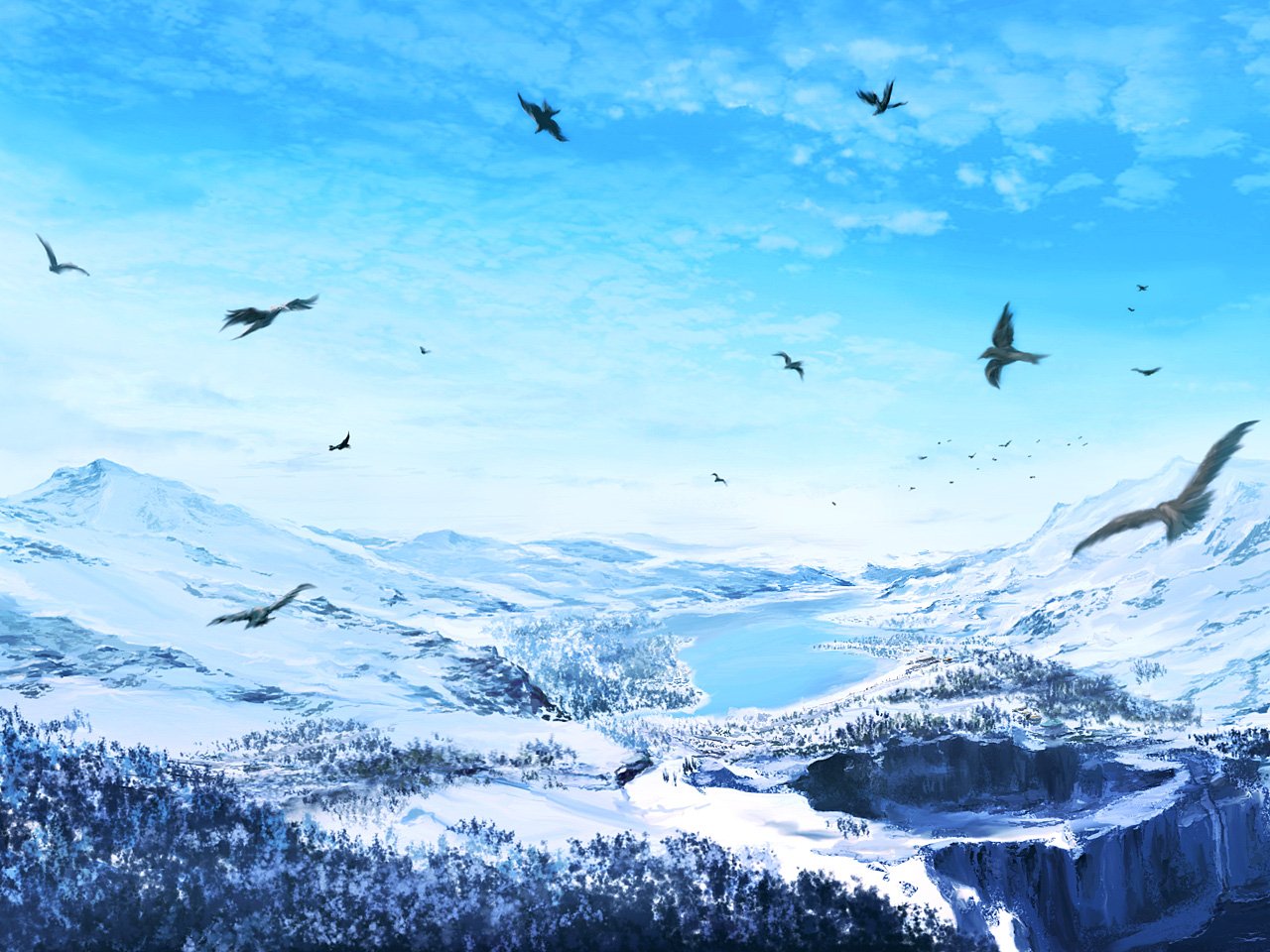 isobe toast, bird, blue theme, day, landscape, nature, no humans, scenery, sky, snow