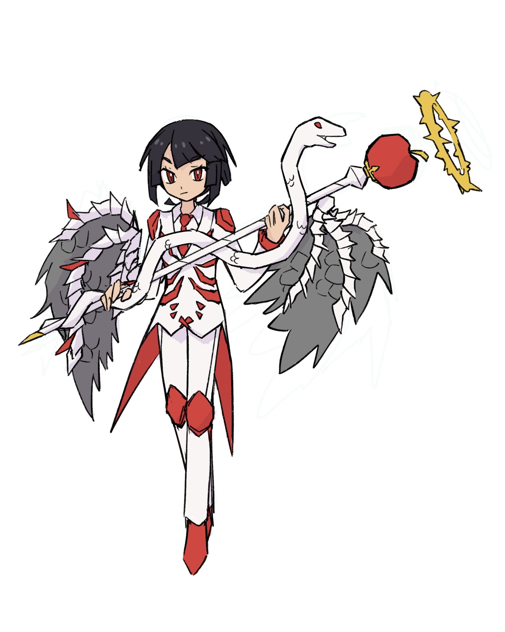xlii idk, zinnia (pokemon), nintendo, pokemon, pokemon oras, chinese commentary, commentary request, highres, 1girl, alternate costume, black hair, closed mouth, collared shirt, eyelashes, holding, holding staff, jacket, long sleeves, medium hair, necktie, pants, red eyes, red necktie, red shoes, shirt, shoes, simple background, snake, staff, tailcoat, white background, white jacket, white pants, white shirt
