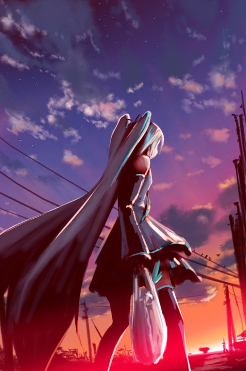 isobe toast, hatsune miku, vocaloid, groceries, long hair, sky, solo, sunset, very long hair