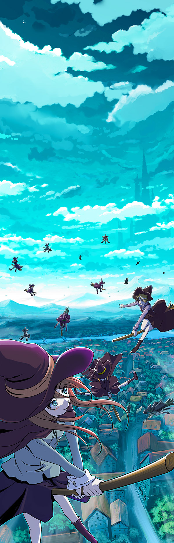 isobe toast, highres, long image, tall image, 6+girls, broom, broom riding, cityscape, day, flying, mountain, multiple girls, scenery, sky, witch