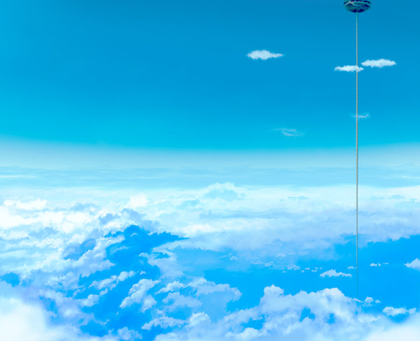 isobe toast, dragon ball, dragonball z, blue theme, cloud, day, kami's lookout, monochrome, no humans, ruyi jingu bang, scenery, sky, space elevator, staff, tower