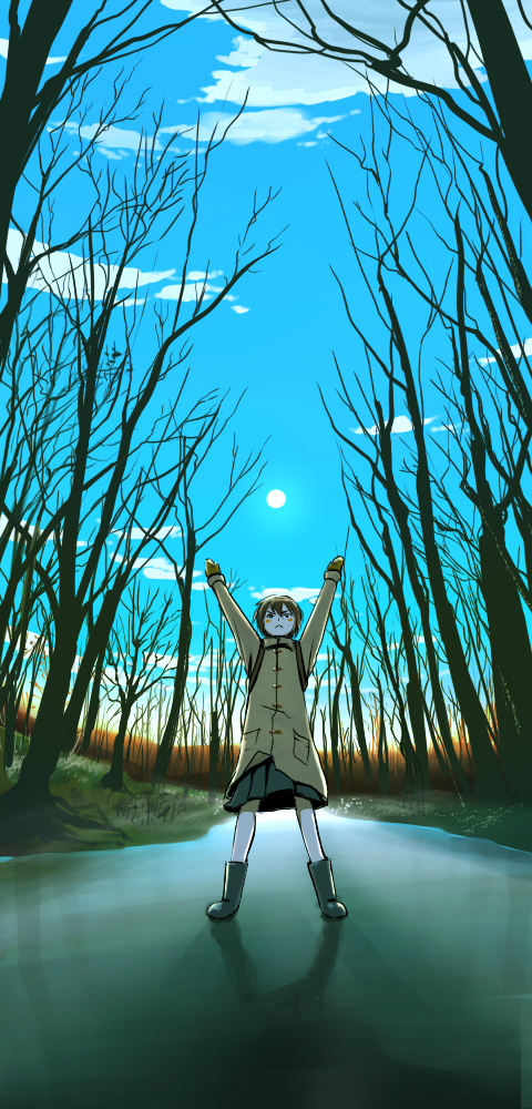 isobe toast, long image, tall image, 1girl, arms up, bare tree, blush, boots, cloud, coat, day, female focus, forest, mittens, morning, nature, o/, outdoors, outstretched arms, scenery, serious, sky, solo, sun, tree