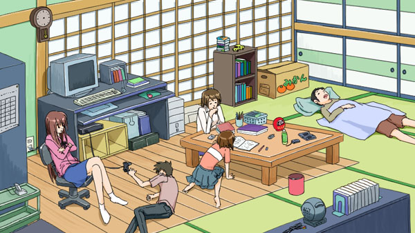 isobe toast, console, 2boys, 3girls, computer, computer keyboard, drawing tablet, game console, indoors, multiple boys, multiple girls, room, roomscape, sleeping
