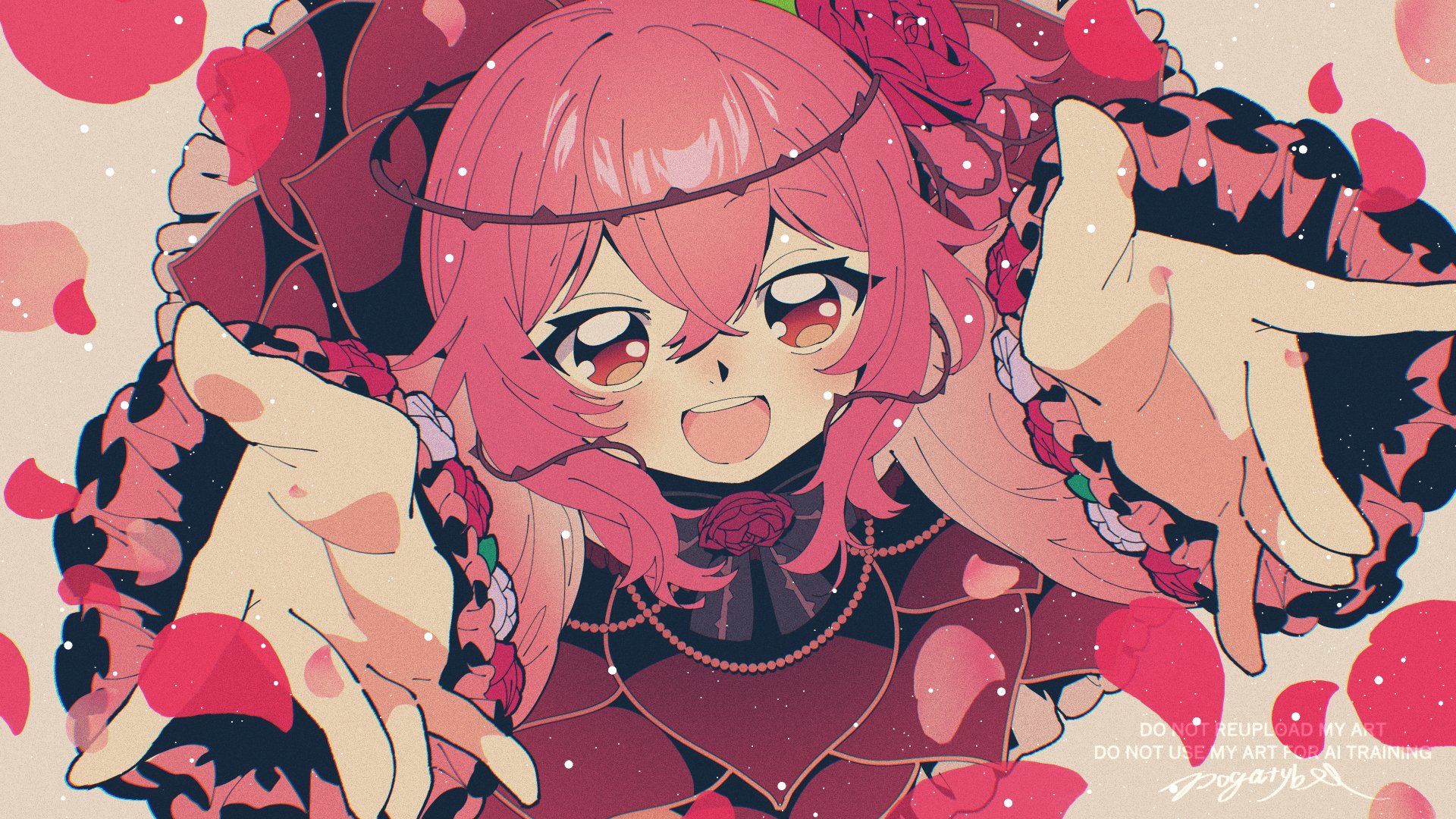 pogatyb, rosemi lovelock, rosemi lovelock (1st costume), nijisanji, nijisanji en, commentary, highres, symbol-only commentary, 1girl, :d, blush, dress, falling petals, flower, frilled dress, frills, from above, hair between eyes, hair flower, hair ornament, long sleeves, looking at viewer, open mouth, outstretched arms, petals, pink hair, red eyes, signature, smile, solo, teeth, thorns, upper teeth only, virtual youtuber