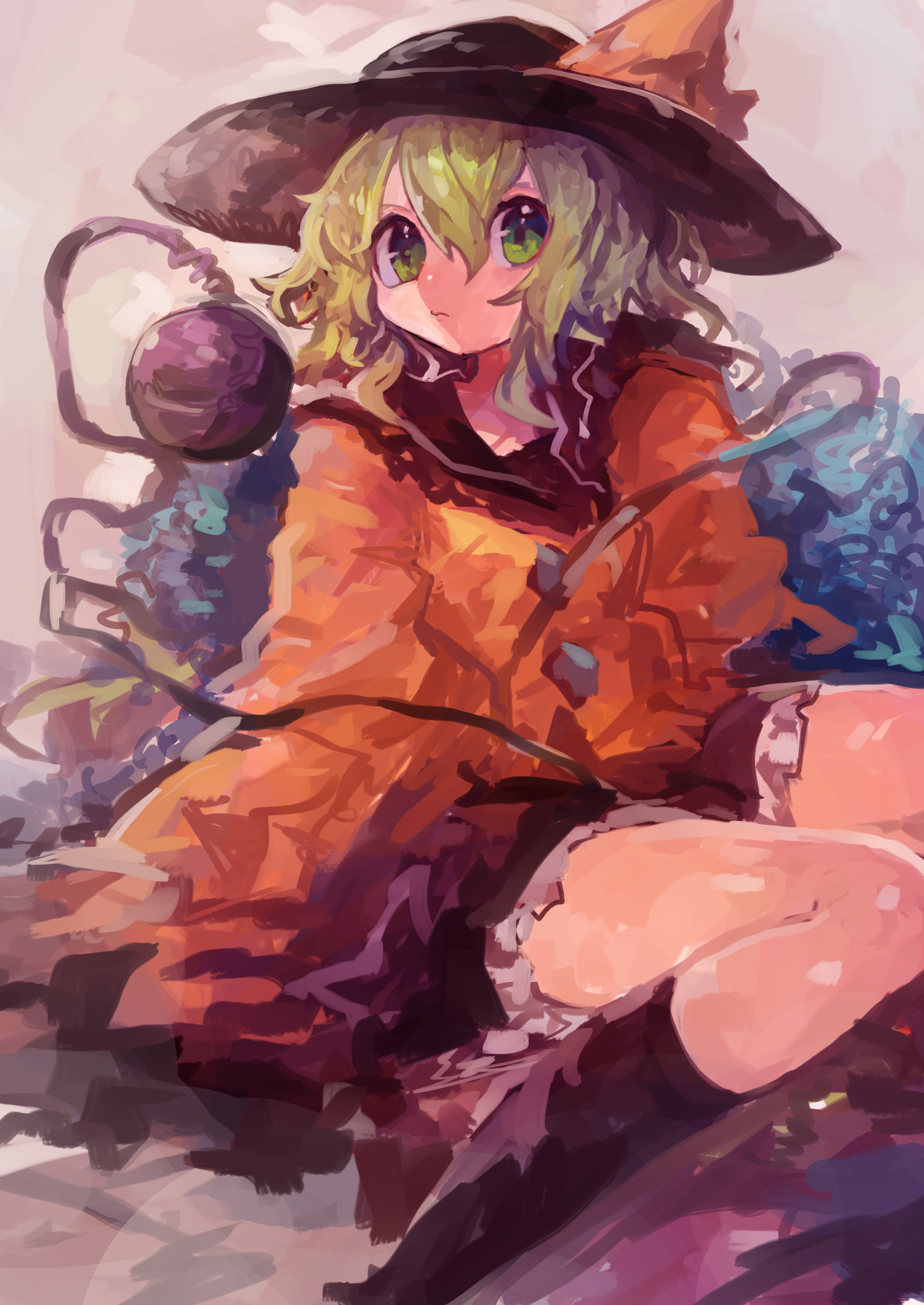 kaamin (mariarose753), komeiji koishi, touhou, absurdres, highres, 1girl, black hat, black skirt, black socks, buttons, diamond button, eyeball, frilled shirt collar, frilled skirt, frilled sleeves, frills, green eyes, green hair, hat, hat ribbon, ribbon, shirt, skirt, socks, third eye, wide sleeves, yellow ribbon, yellow shirt