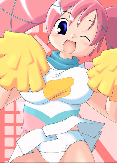 mad-d.m, akai maho, doki doki majo shinpan, 1girl, blue eyes, breasts, cheerleader, female focus, large breasts, one eye closed, panties, pink hair, solo, underwear, wink