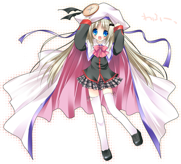 paco, noumi kudryavka, little busters!, silver hair, 1girl, blue eyes, bow, buttons, cape, female focus, hat, large buttons, long hair, pink bow, school uniform, serafuku, solo, thighhighs