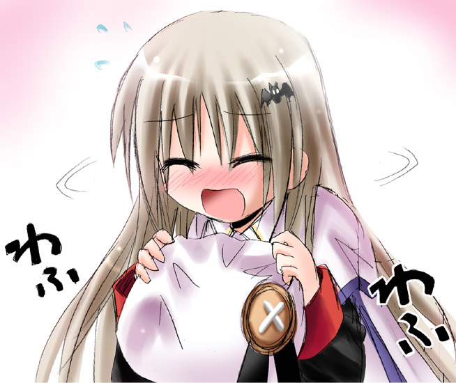 otoki raku, noumi kudryavka, little busters!, silver hair, blush, buttons, closed eyes, hat, large buttons, long hair, open mouth, solo