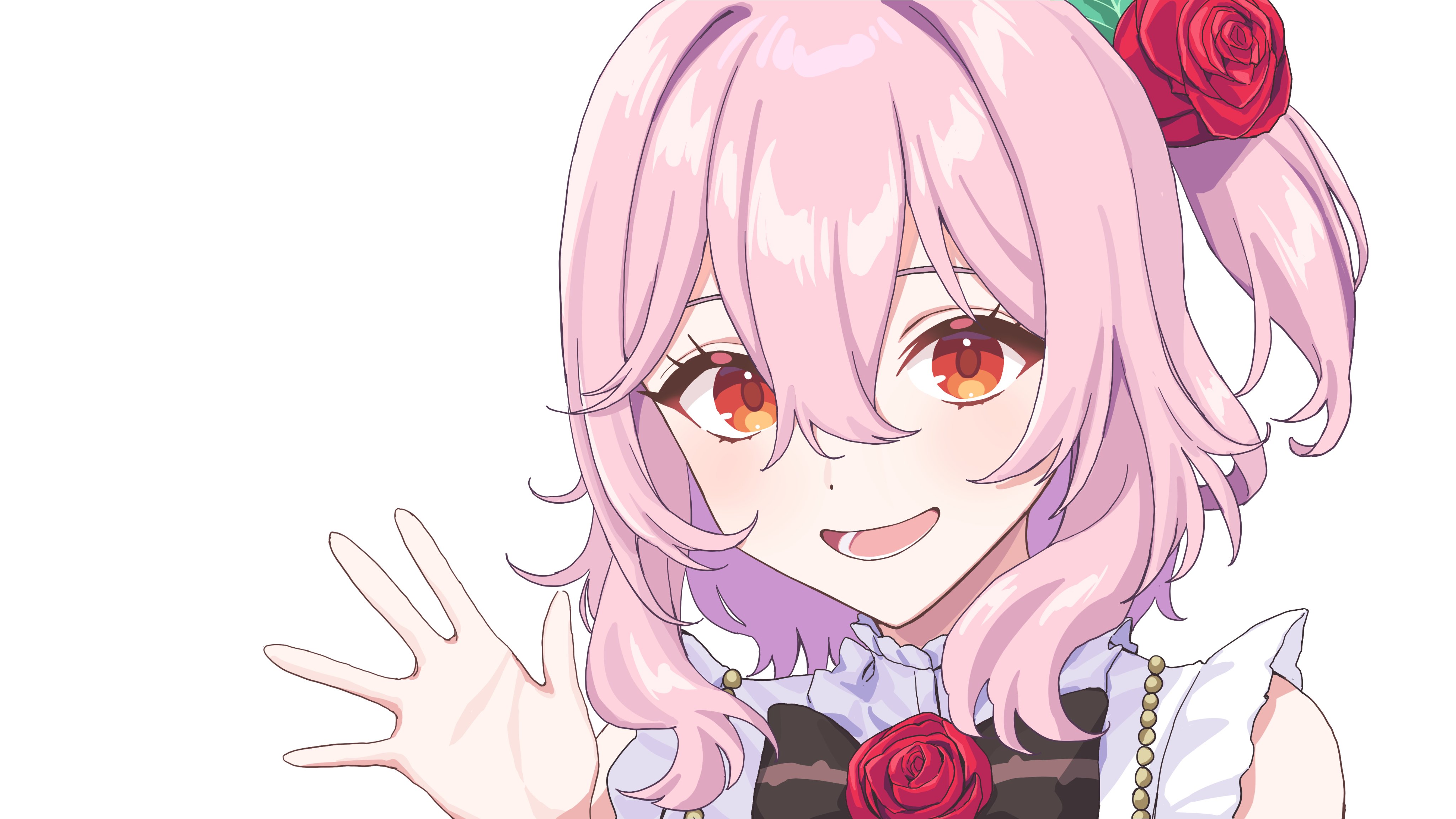g9 (jiiku), rosemi lovelock, rosemi lovelock (1st costume), nijisanji, nijisanji en, absurdres, commentary request, highres, 1girl, bow, bowtie, brown bow, brown bowtie, dot nose, flower, french commentary, hair between eyes, hair flower, hair ornament, hands up, looking at viewer, lower teeth only, open mouth, orange eyes, pink hair, portrait, red flower, red rose, rose, short sidetail, simple background, smile, solo, teeth, tongue, virtual graduation commemoration, virtual youtuber, waving, white background