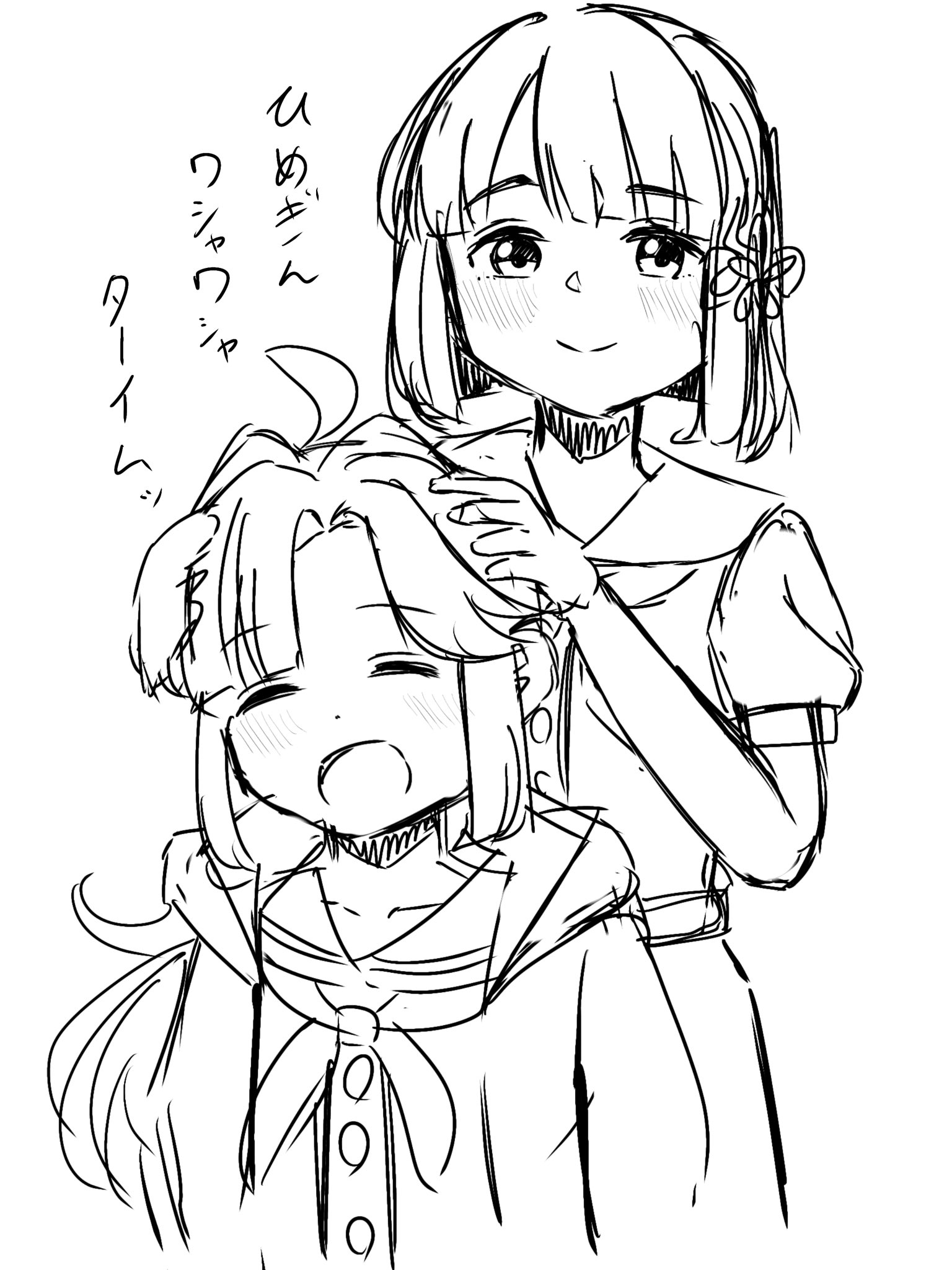 okome (okome l l), anyoji hime, momose ginko, link! like! love live!, love live!, commentary request, highres, 2girls, ahoge, behind another, blush, closed eyes, flower, greyscale, hair flower, hair ornament, hands on another's head, happy, hasu no sora school uniform, hood, hoodie, long hair, medium hair, monochrome, multiple girls, open mouth, ruffling hair, school uniform, sketch, smile, very long hair, white background, yuri