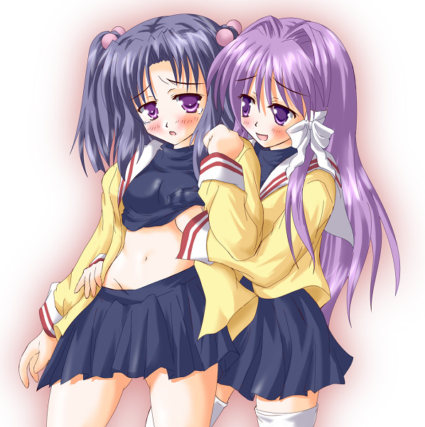 hiiragi tomoka, fujibayashi kyou, ichinose kotomi, clannad, 00s, 2girls, multiple girls, thighhighs, yuri