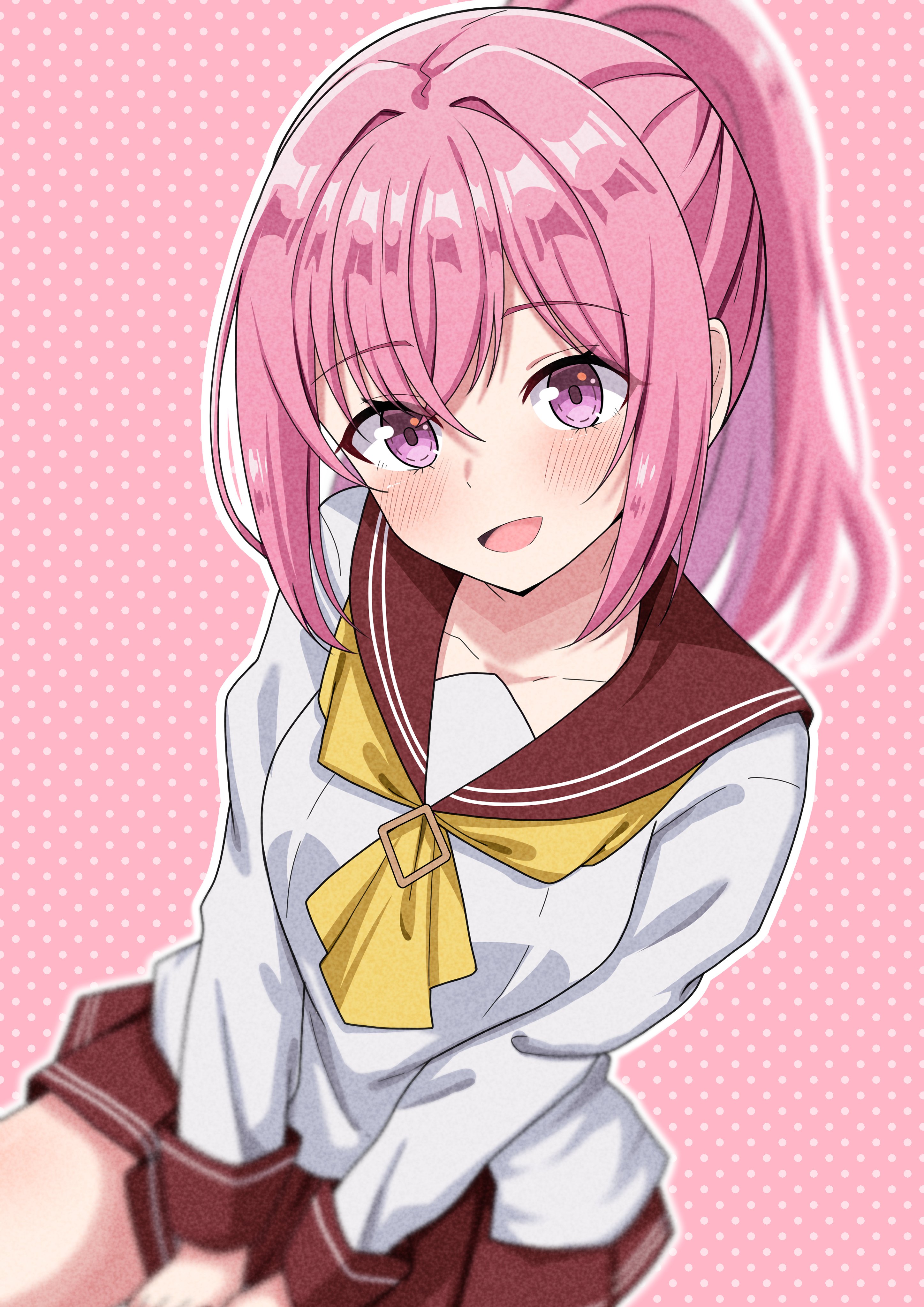 hosinonana, amaori haruna, watashi ga koibito ni nareru wake naijan murimuri!, absurdres, commentary request, highres, 1girl, long hair, long sleeves, looking at viewer, neckerchief, open mouth, pink background, pink hair, polka dot, polka dot background, ponytail, purple eyes, sailor collar, school uniform, shirt, sidelocks, skirt, smile, solo, white shirt