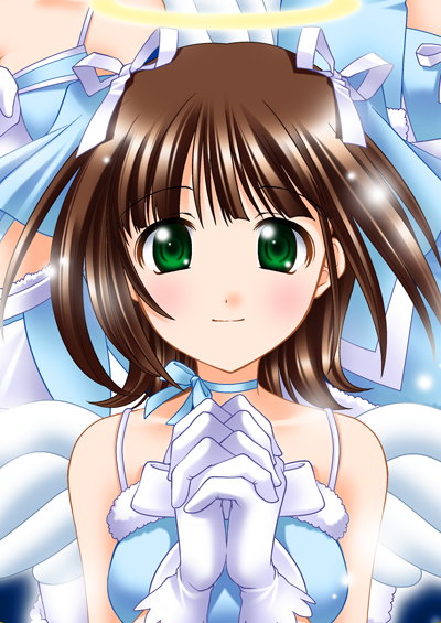 itsuki sayaka, amami haruka, idolmaster, idolmaster (classic), idolmaster 1, 00s, 1girl, bare shoulders, blush, brown hair, closed mouth, collarbone, cute & girly (idolmaster), female focus, gloves, green eyes, looking at viewer, own hands clasped, own hands together, smile, solo, tareme, upper body, white gloves