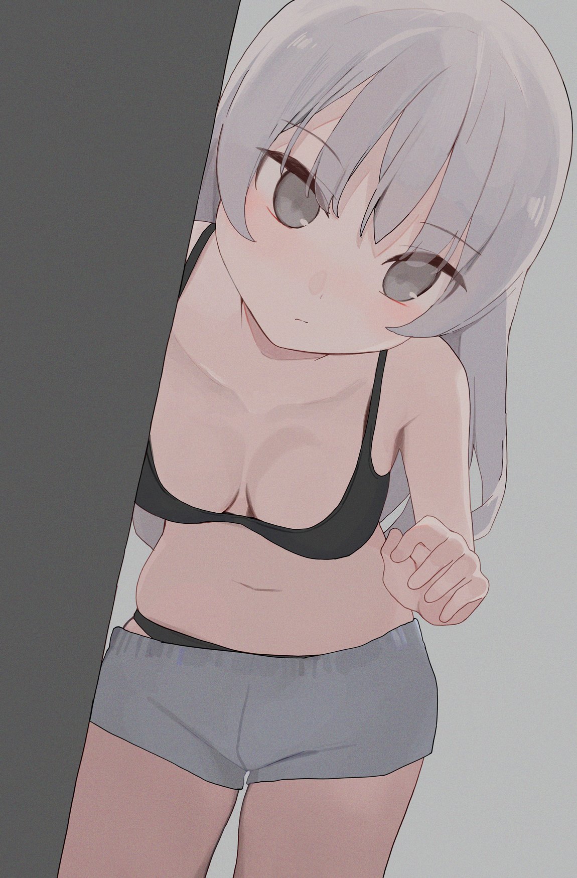 hiroki (yyqw7151), original, highres, 1girl, black bra, black panties, black shorts, bra, breasts, cleavage, closed mouth, grey background, grey eyes, grey hair, long hair, looking at viewer, medium breasts, panties, panties under shorts, shorts, simple background, solo, thighs, underwear